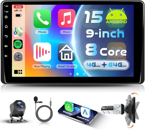 VECHTEL 8 Core 4G+64G Android 15 Radio Coche Bluetooth con Carplay Android Auto Inalámbrico, Autoradio 1 DIN con Pantalla Táctil Giratoria de 9'' con Bluetooth 5.0 Radio FM RDS GPS Wi-Fi USB Cámara