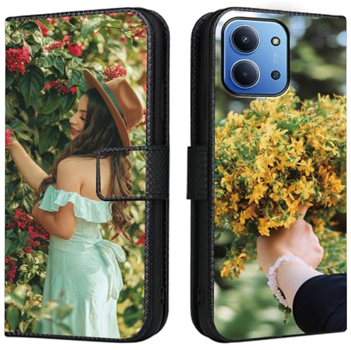 CAXKJE Lederhülle für Redmi 15C 4G Personalisierte Handy Hülle,mit Eigenem Foto Bild Text Individuelle Schutzhülle,Leder Flip Case Schutzhülle Stoßfest Hülle -SAMHD-Black
