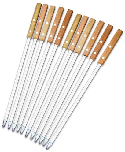 Paquete de 10 brochetas de barbacoa de acero inoxidable resistentes de 42 cm con asas de madera y bolsa de almacenamiento, perfectas para kebab persa, armenio y turco, palos planos de kebab