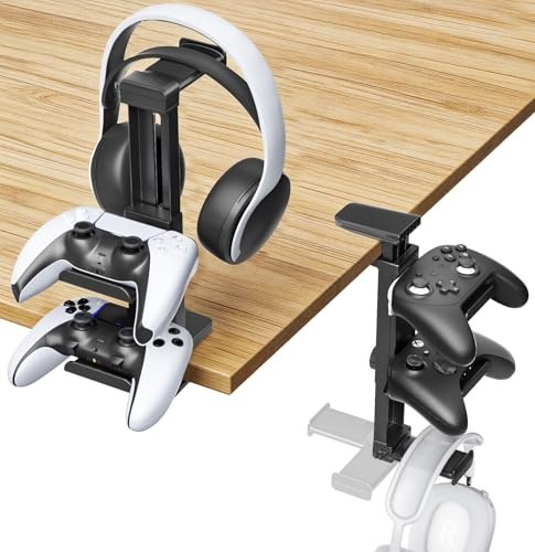 Kosker Support Casque et Manette Réglable, Support de Bureau ou sous Bureau Compatible PS5, Xbox, Nintendo Switch, Porte-Casque et Porte-Manette avec Rotation 360° et Porte-Câble Intégré