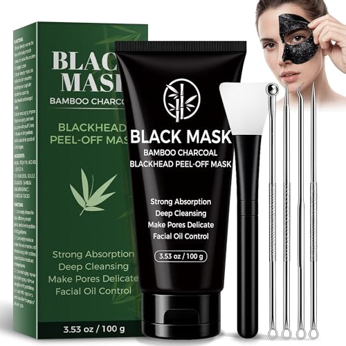 Lubynia Blackhead Remover Mask, Charcoal Peel Off Face Mask Kit, Deep Cleaning Whiteheads Pore Mask, Oil Control, Men & Women Black Head Remover for Face Care – 100g Includes Brush, Pimple Extractors