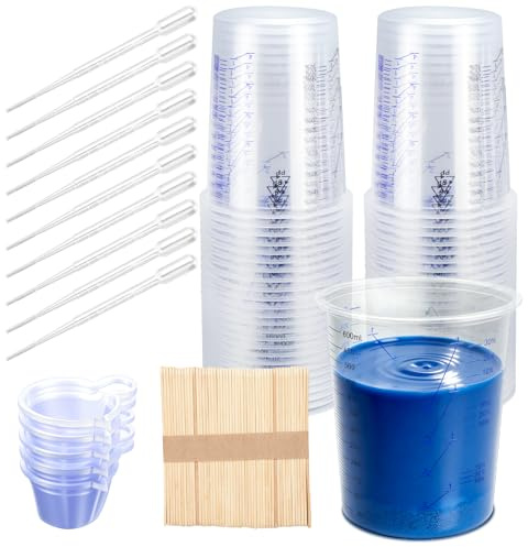 Vasos para Mezclar Pintura 600 ml 40 piezas Juego de Vasos para Mezclar Palitos para Mezclar Epoxi con Asa Pipetas | con Proporción de Mezcla Clara en el Vaso Medidor