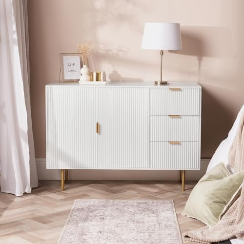OHS Cream Sideboard Storage Cabinet, Decorative Ribbed Wooden Buffet Storage Cabinet with 2 Doors and 3 Drawers Living Room Hallway Kitchen Sideboard, 120 x 40 x 77cm