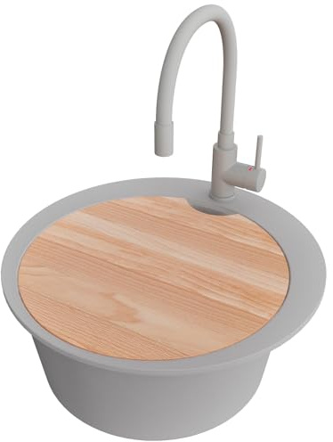 PRIMAGRAN Lavandino da Cucina al Mobile 45cm + Rubinetto, 50x50cm | Set: Rubinetto BW6020 + Kit di scarico + Tagliere + Lavello in Granito a 1 Vasca - Pise Top, Grigio
