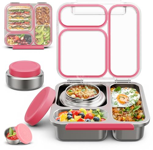 Itslife Brotdose Edelstahl Kinder Set mit Thermobehälter 200ml, Transparenter Deckel Bento Box drei Fächern, Lunch Box mit Saucenbecher für Erwachsen und Schule, BPA-frei, Rosa