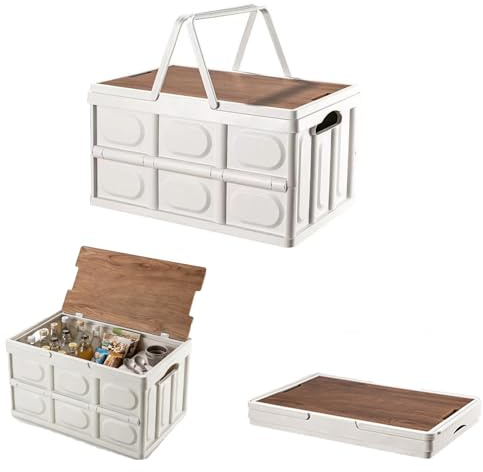 HSYTEK 30L Klappbox mit Holzern Deckel und Griff, 42 * 28.5 * 23.5 cm Klappboxen Faltbar Stabil，Kunststoff Klappkiste，für Camping, Reisen, Familien, KofferräUme Von Autos (Weiß 1)