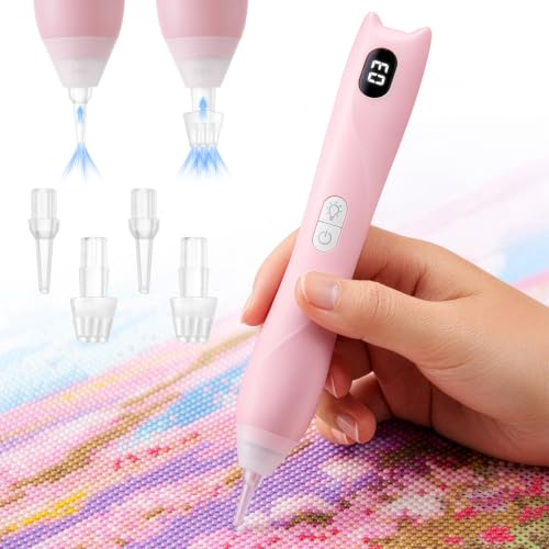 Elektrischer Diamond Painting Stift mit Licht, kabelloser Diamond Painting Pen, wiederaufladbar & leise, Vakuum-Saugfunktion, 3 Helligkeitsstufen, ergonomischer Griff, 4 Spitzen für Diamond Art -Rosa