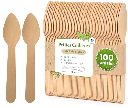ALPPACK Petites Cuillères Jetables en Bois de Bouleau 11 cm – Lot de 100 Cuillères à Café, Dessert et Glace Naturelles, Couverts Jetables pour Fêtes d’Anniversaire, Mariage, Buffet et Dégustation