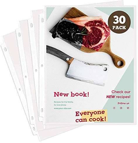 Heavy Duty Recipe Page Protectors | 30 Clear Refill Sheets | 8.5 x 11 Inch Paper Sleeves | Acid-Free Plastic | Reinforced Holes for 3-Ring Binders | Spill-Resistant