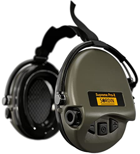 Sordin Pro-X 76302-X-S - Protectores auditivos activos de caza - EN 352 - Almohada de espuma, banda para el cuello y cápsula verde