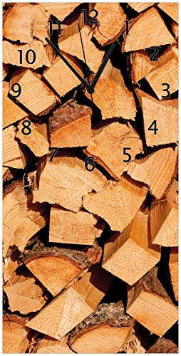 Wallario Design-Wanduhr Holzstapel gehackt - Holzscheite für den Kamin aus Glas, Motiv-Uhr Größe 30 x 60 cm, Schwarze Zeiger
