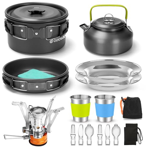 Odoland 16pcs Camping Cookware Set with Folding Camping Stove, Non-Stick Lightweight Pot Pan Kettle Set with Stainless Steel Cups Plates Forks Knives Spoons for Camping Backpacking Outdoor Picnic