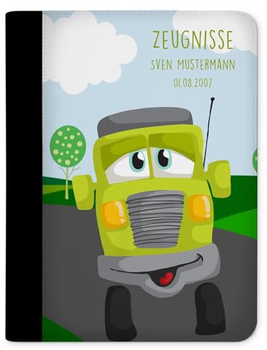 CreaDesign, Kinder Zeugnismappe mit Namen personalisiert, Zeugnis Mappe Auto Lastwagen mit 10 Klarsichthüllen, A4, 26,7 x 32,7 x 1 cm, Rücken schwarz