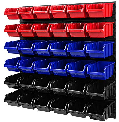 Système de rangement de boîtes empilables - 772 x 780 mm - Étagère murale 36 boîtes murales perforées pour outils (rouge/bleu/noir)