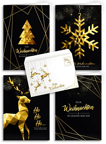 brint.® Weihnachtskarten mit Umschlägen - 20 Stück | Modern - Gold | 4 Motive + passender Umschlag | Luxus Weihnachtskarten-Set modern & elegant | A6 Klappkarten mit Umschlag Set geschäftlich edel