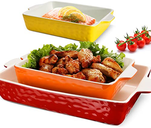 3Pack Ceramic Baking Dish for Oven Large Casserole Baking Dish with Handles Packaging Upgrade Nonstick Ceramic Bakeware for Cooking, Cakes, Lasagna & Gift, Red