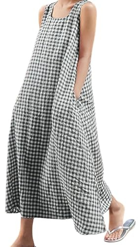 chouyatou Women's Summer Casual Loose-Fit Cotton Plaid Tank Maxi Dress with Pockets Boho Beach Sundress (XX-Large, Black)