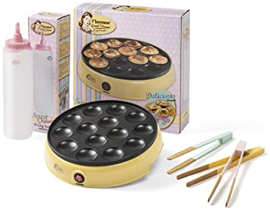 Bestron Poffertjesmaker, Vorteilspaket inkl. Teigflasche & 3-Set Servierzangen, ideal für Weihnachten, Ostern oder Kindergeburtstage, Retro Design, 800 Watt, Farbe: Gelb/Rosa