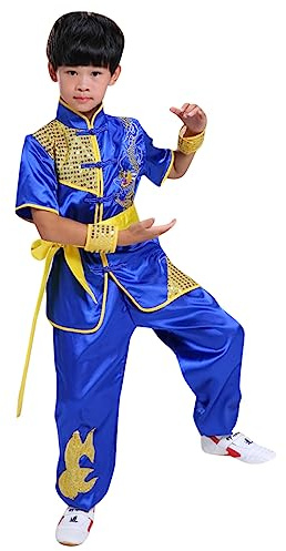 Boys Girls Kung Fu Master Tai Chi Dragon Chinese Uniform Top Shirt Pants Set Outfit (Blue, 12-14 Years)