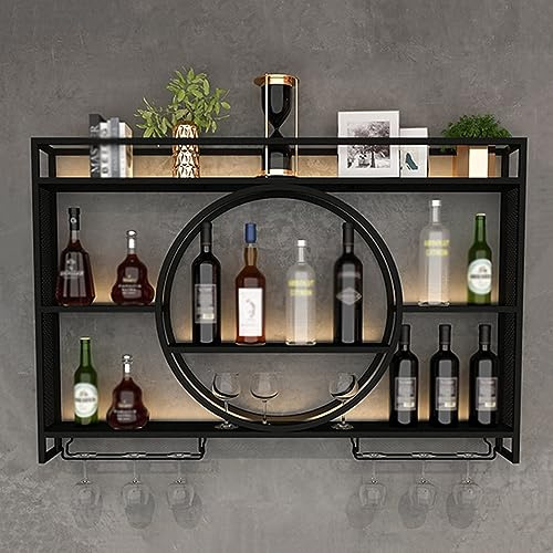 Porte-Bouteilles Industriels en Métal Casier à Vin Mural Polyvalent pour Bar, Boissons et Cuisine Étagère avec Porte-Verre Suspendu (Color: Black)