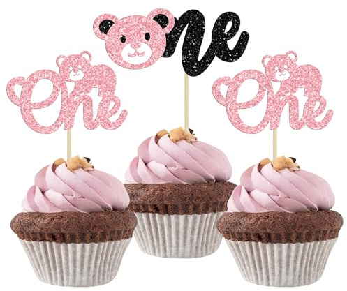 Gyufise 24 Stück Bär Cupcake Toppers Pink Glitter Bear One Cupcake Picks First Birthday Cake Decorations for Gender Reveal Bear Theme Baby Shower Kids Birthday Party Supplies