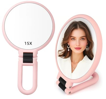 Stianiiie 1X 15X Handspiegel mit Griff für Reisen, Vergrößerungsspiegel, drehbarer Griff, doppelseitiges Falten, Spiegel für Frauen für Augen Make-up Reisetisch Schreibtisch Rasieren