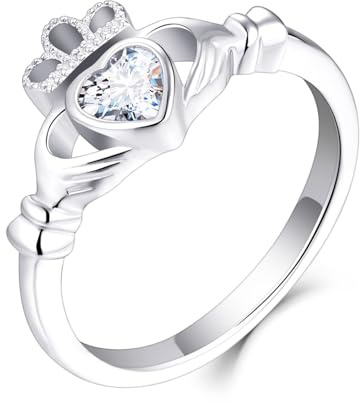 Old English Jewellers 925 Sterling Silver Cz Claddagh Irish Celtic Ring size J K L M N O P Q R S - Love Loyalty & Freindship - Rhodium Overlay (Q)