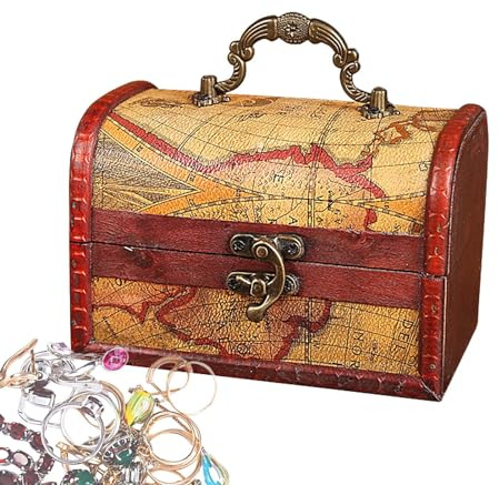 Dirfuny Kleine Holztruhe, kleine Holztruhe mit Schloss und Griff, Schatzkiste für Schmuck, Andenken, Münzsammlung und Heimdekoration, kleine Truhe