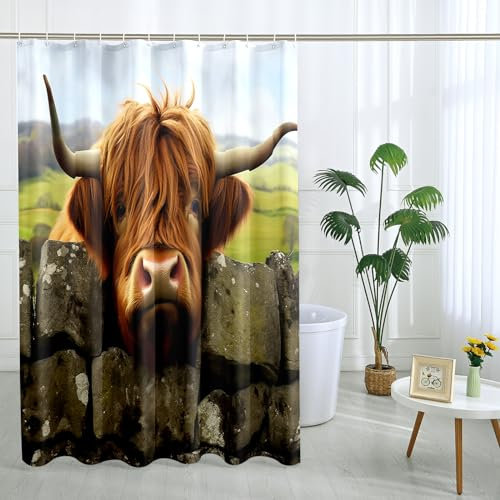 Cow Shower Curtain with 12 Hooks Funny Prairie Grass Retro Beautiful Brown Polyester Room Ornaments Waterproof Decorative Bathroom Hotel Bathtub Outdoor Short Shower Curtain 72x78 Inch