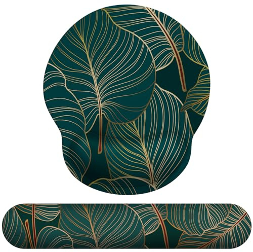 Giecy Keyboard Mouse Wrist Rest Set, Ergonomic Mouse Mat Wrist Support Pad with Non-Slip Base & Memory Foam Pain Relief for Home Office Computer Laptops, Gaming, Typing (Green Palm Leaf Set)