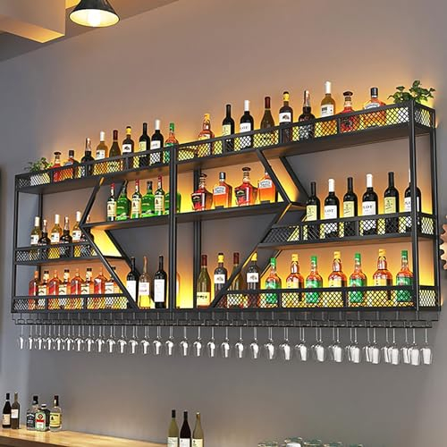 Botellero De Pared Con Luz LED,Botellero Vino Metálico,Soporte Vino Pared,Grande Bar Estante Para Vinos Colgante,Estantería De Vino Con Soporte Para Copa De Vino,Para Cocina,Bodega,Comedor,Vinoteca (