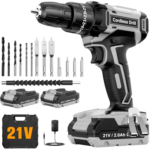 DYJPOW Cordless Drill Driver 21V, Cordless Hammer with 2 Batteries 2000mAh, 25+3 Torque, 42N.m Max Electric Drill, 14PCS Drill Bits, 2 Speed, LED Light for Home and Garden DIY Project, Grey