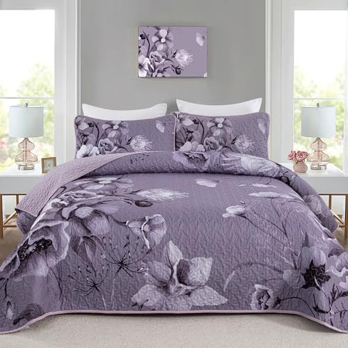 Drucon Floral Quilt Set Queen 3 Pieces Dark Purple Boho Flower Quilt Set