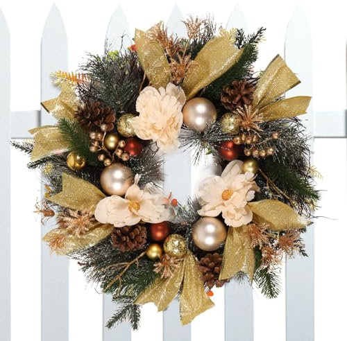 Mingchengheng Weihnachtstürkranz - 19 Zoll, Goldband, Silber, Mit Schleife, Für Außen Innen, Weihnachtsdeko