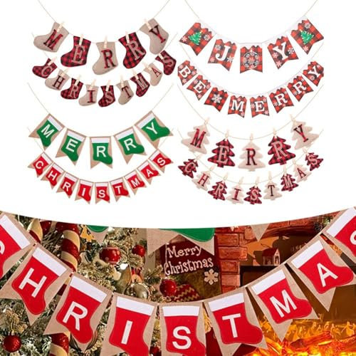 Cartel de Feliz Navidad con 14 banderas rústicas de arpillera para fiestas (T2-4)