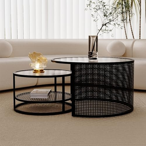 Couchtisch Satztische für Wohnzimmer Weiß/Schwarz Runder Couchtisch Glas 2er-Set Moderner Couchtisch mit offenen Regalen Boho-Couchtisch Geflochtene Designs Stabile Metallbeine für Wohnzimmer B
