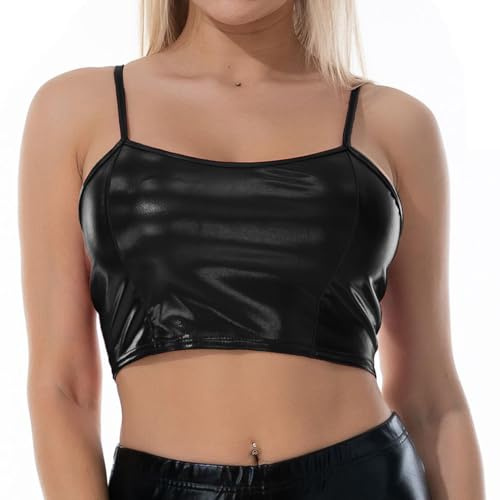 AIEOE Club Bauchfrei Oberteil Glänzende Spaghetti Strap Sexy Tank Tube Top Bustier (Keine BH-Einlagen) Größe M Schwarz