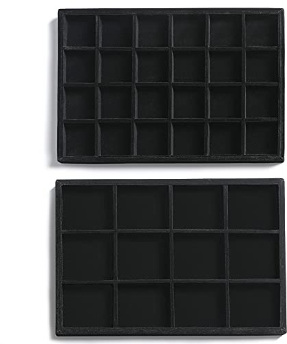 Frebeauty Stackable Velvet Jewellery Organiser Trays for Drawers Inserts Jewellery Storage Tray Display Case, Stud Earrings Bracelets Necklace Rings Accessories Trays for Women Girls(Set of 2 Black)