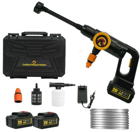 Sunster Akku Hochdruckreiniger Auto, 45Bar Mobile Hochdruck Wasserpistole Bürstenlosen Mit Zwei 4.0Ah Akku, Tragbar Druckreinigerpistole mit 6-In-1 Düse für Bewässerung, 3 Reinigungsstufen für Auto
