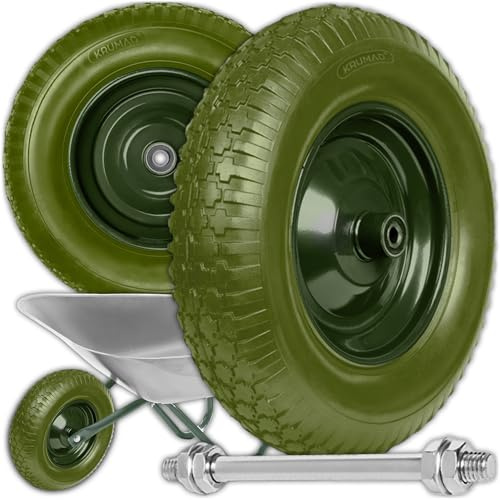 KRUMAD Schubkarrenrad PU-Schaum 4.80/4.00-8 bis 180 kg mit Achse, Pannensicher, Wartungsfrei, Stahlfelge, Doppelkugellager, Ersatzrad für Schubkarre und Transportwagen, Pannensichere, Dunkelgrün | PU-Schaum 4.80/4.00-8 bis 180 kg mit Achse, Pannensicher, Wartungsfrei, Stahlfelge, Doppelkugellager, Dunkelgrün