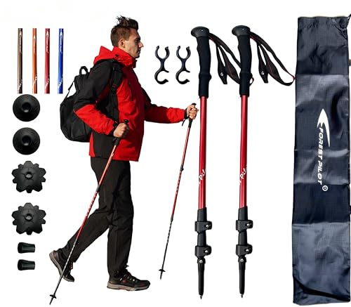 FOREST PILOT Trekking Poles - Lightweight 7075 Aluminum with Flip Lock & All Terrain Accessories - Pair of 2 Walking Sticks for Hiking with EVA or Beech Wood Grip (EVA Grip- Red)