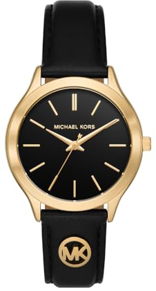 Michael Kors Orologio Slim Runway da donna, movimento al quarzo a tre lancette da 38 mm con cinturino in pelle, 38 mm, Nero e oro