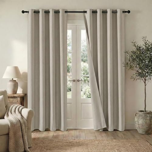 PONY DANCE Mocha Total Blackout Curtains with Double-sided Faux Linen - Thermal Insulated Eyelet Solid Curtains for Living Room Bedroom, W52 x L54 inch, 132 x 137 cm, 2 Panels