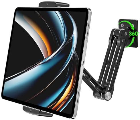 Julrrimg Tablet Wandhalterung Schwarz, 360° drehbar & höhenverstellbar Doppelständer, rutschfeste Silikon Tablet Halterung Wandmontage für iPad, Tablets und Smartphones