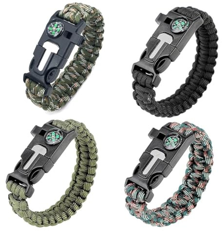 KEQAR 4 Stück 5-in-1 Outdoor Überlebensarmband mit Feuerstein, Pfeife, Kompass, Schaber, Seil, Paracord, für Wandern, Camping, Notfall (26cm x 2.5cm) (4 Farbe)