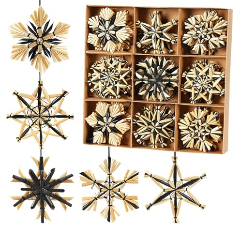 Anstore 36pcs Xmas Natural Straw Ornaments, Black & Natural Straw Snowflake Ornaments, Handwoven Christmas Tree Hanging Decor, 5 Tradition Stars Hanging Pendant, Christmas Ornaments with a Gift Box