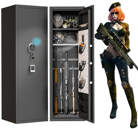 Gun Safe for Rifles and Pistols, 10-15 Large Gun Cabinet Gun Safes for Home Adjustable Rack and Biometric Fingerprint Locking Cabinet, Fireproof, No Assembly Required (11.81D x 13.78W x 57.09H)