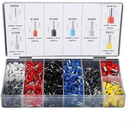 Kit di morsettiere per elettricista, 1200 terminali tubolari a crimpare con isolamento in plastica e ghiere in acciaio seghettato per cablaggio sicuro su interruttori, batterie e altro ancora