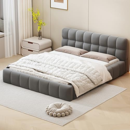 WSOFZMO Polsterbett 140 x 200 cm, Doppelbett 140x200 mit Lattenrost, Bubble Bett Bettgestell, Jugendbett mit Gepolstertes Kopfteil, Leinen, Ohne Matratze (Grau, 140 * 200)