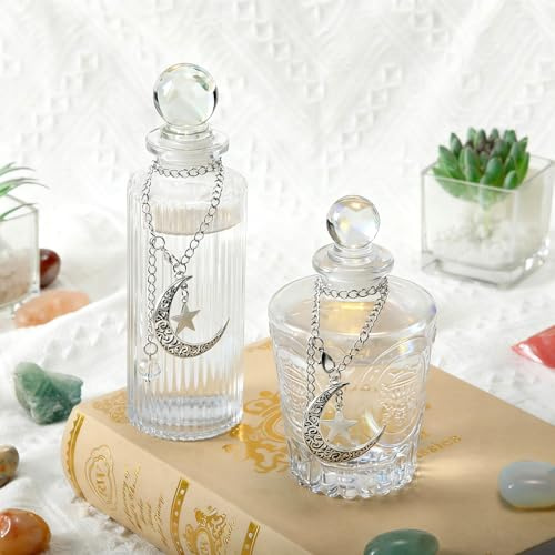 Potchen 2 Pcs 5 oz Moon Energy Glass Bottle with 2 Lunar Star Spiritual Moonlight Water Jar Chain Charging Container with Lid for Infusing Intentions Crystal Cleansing Meditation Witchcraft Home Decor